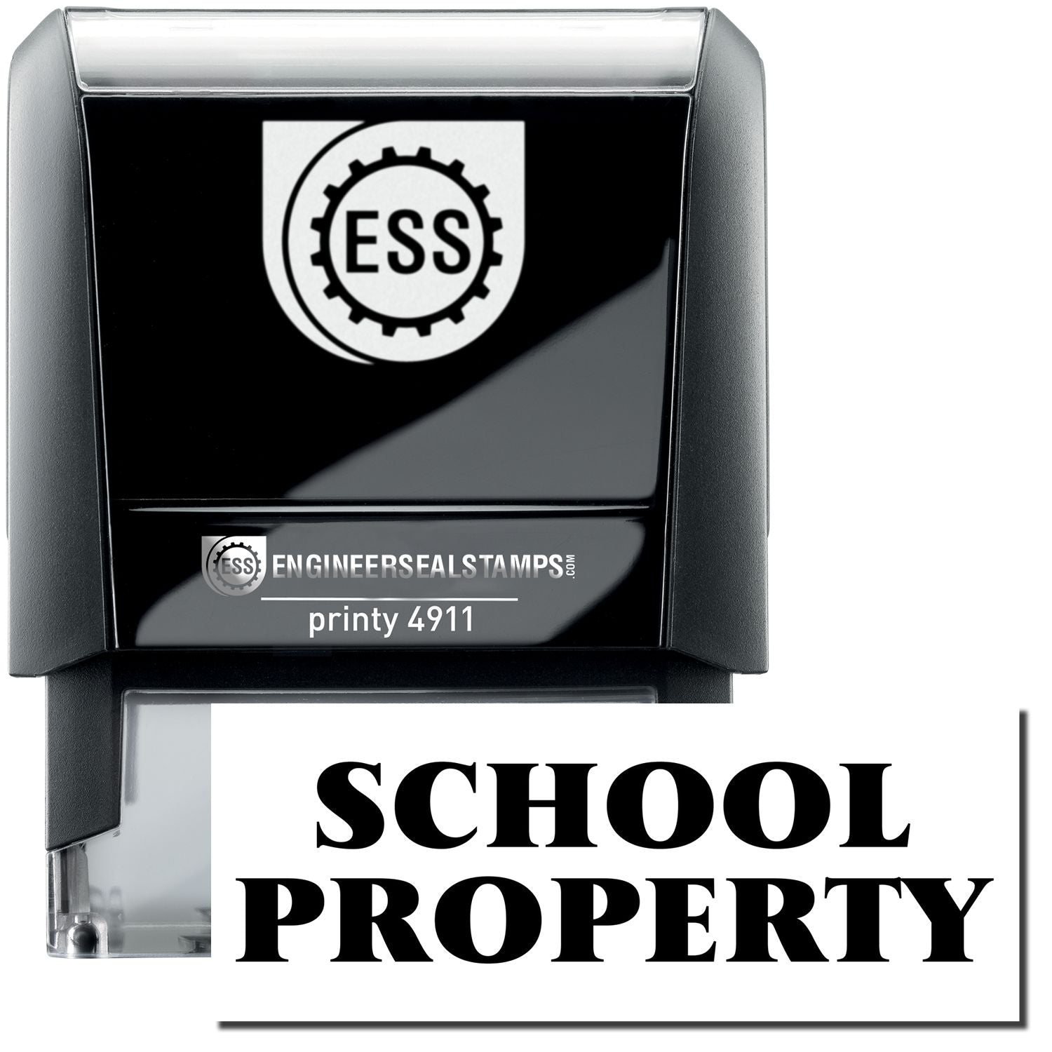 A self-inking stamp with a stamped image showing how the text "SCHOOL PROPERTY" is displayed after stamping.