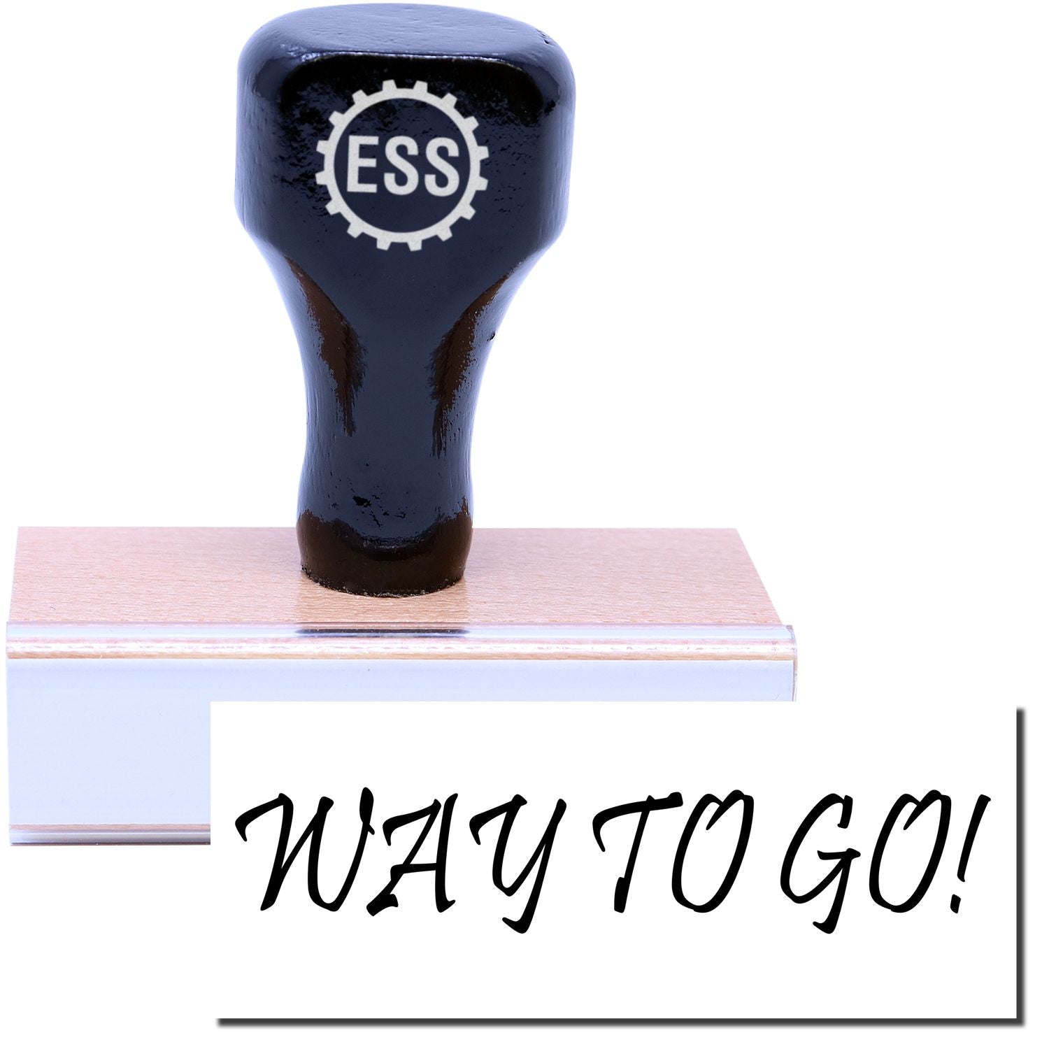 A stock office rubber stamp with a stamped image showing how the text WAY TO GO! is displayed after stamping.