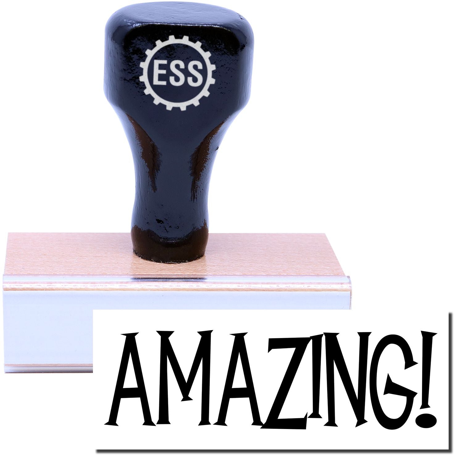 A stock office rubber stamp with a stamped image showing how the text AMAZING! is displayed after stamping.