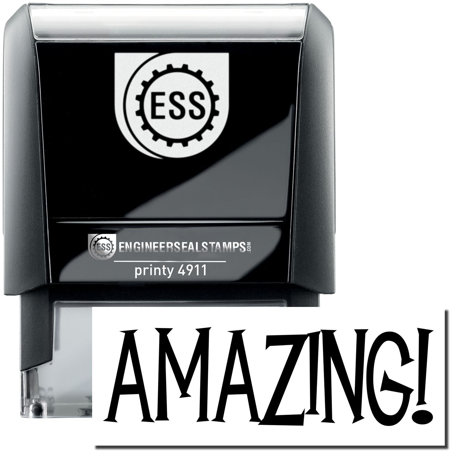 A self-inking stamp with a stamped image showing how the text AMAZING! is displayed after stamping.