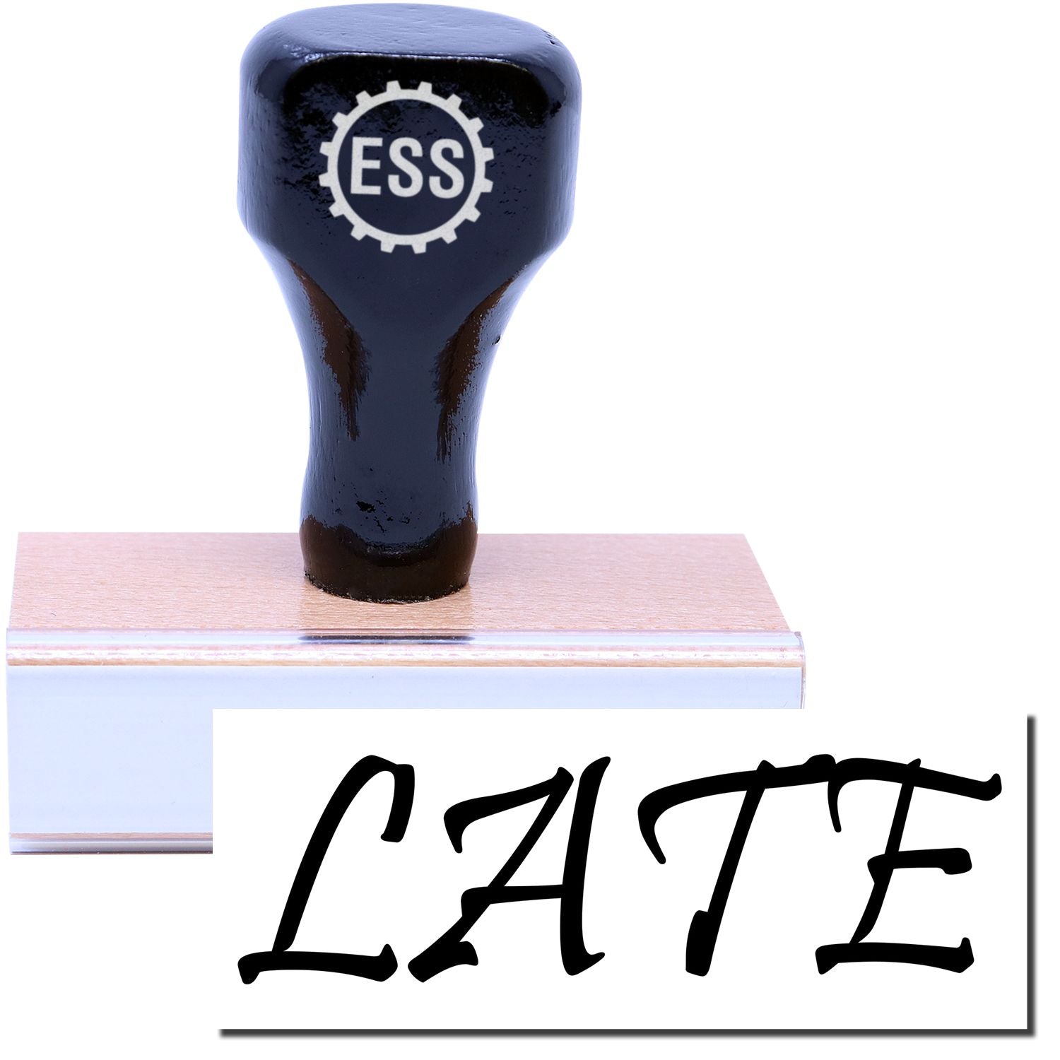 A stock office rubber stamp with a stamped image showing how the text LATE is displayed after stamping.