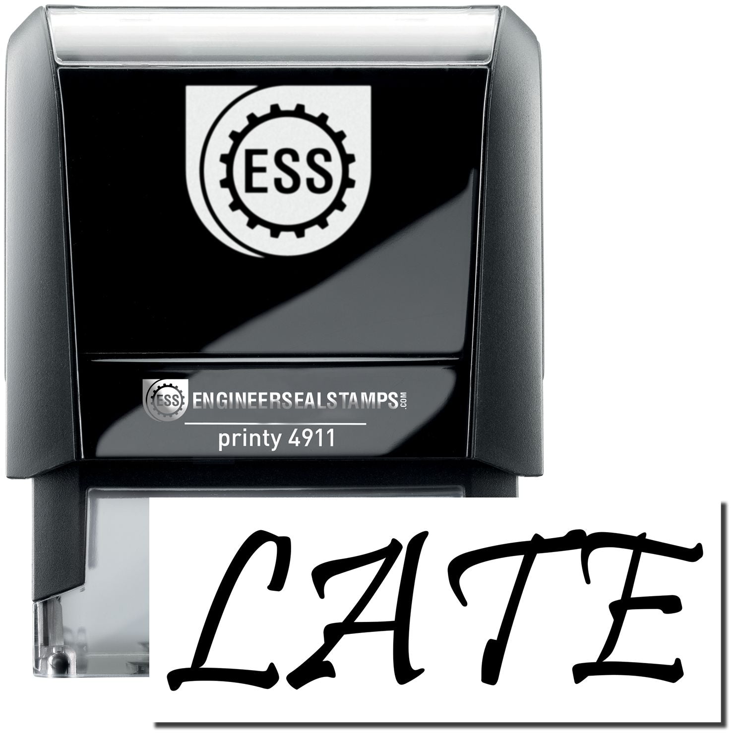 A self-inking stamp with a stamped image showing how the text "LATE" is displayed after stamping.