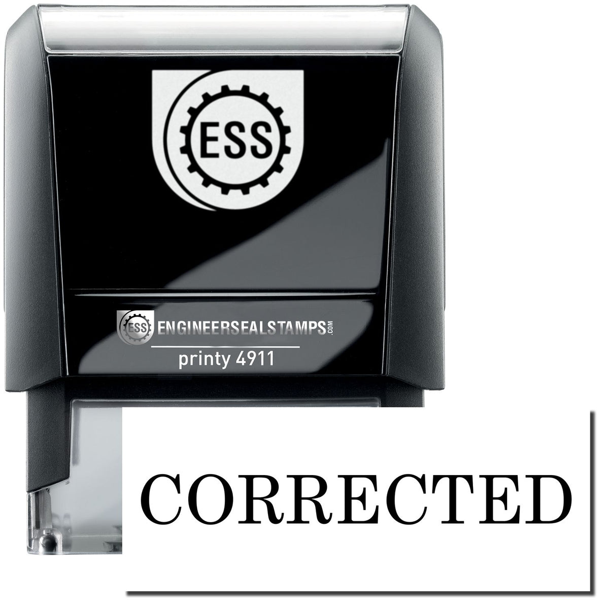 A self-inking stamp with a stamped image showing how the text &quot;CORRECTED&quot; is displayed after stamping.