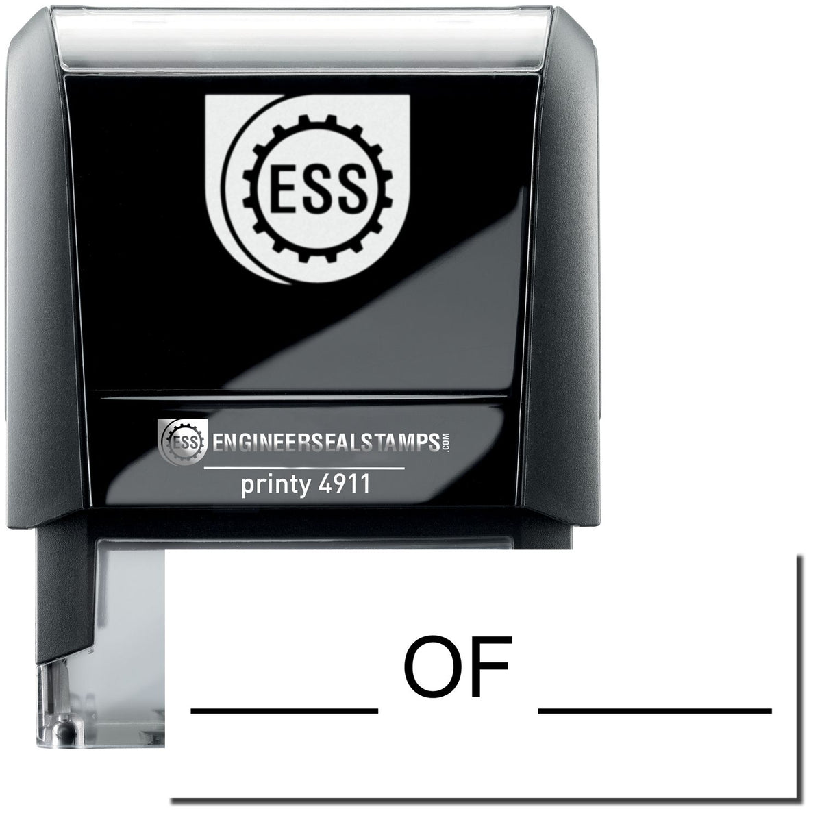 A self-inking stamp with a stamped image showing how the text &quot;____ OF ____&quot; is displayed after stamping.