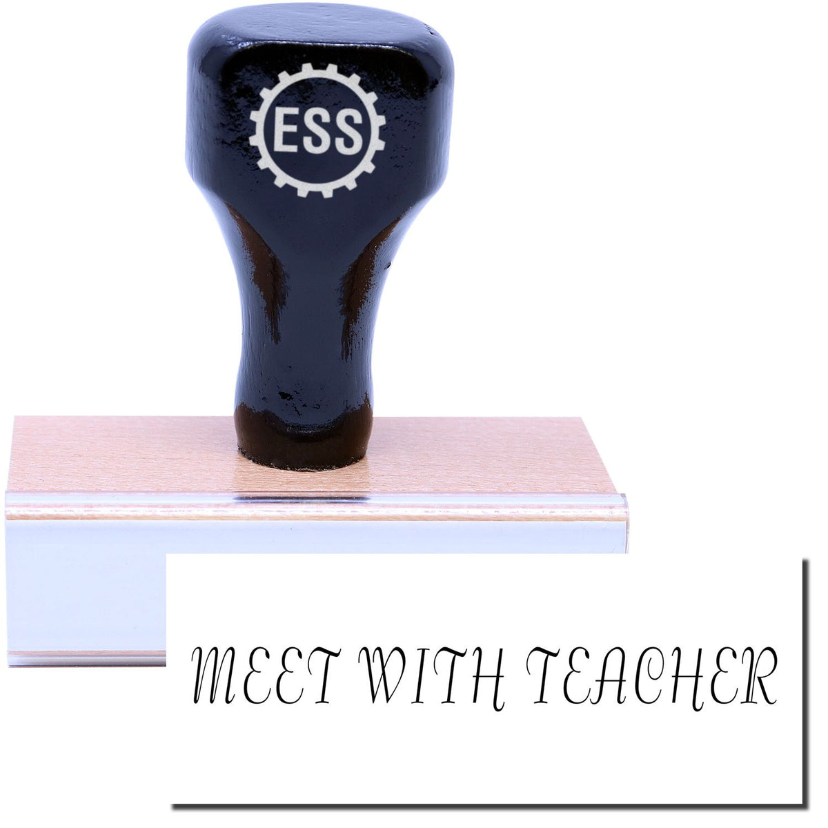 A stock office rubber stamp with a stamped image showing how the text &quot;MEET WITH TEACHER&quot; is displayed after stamping.