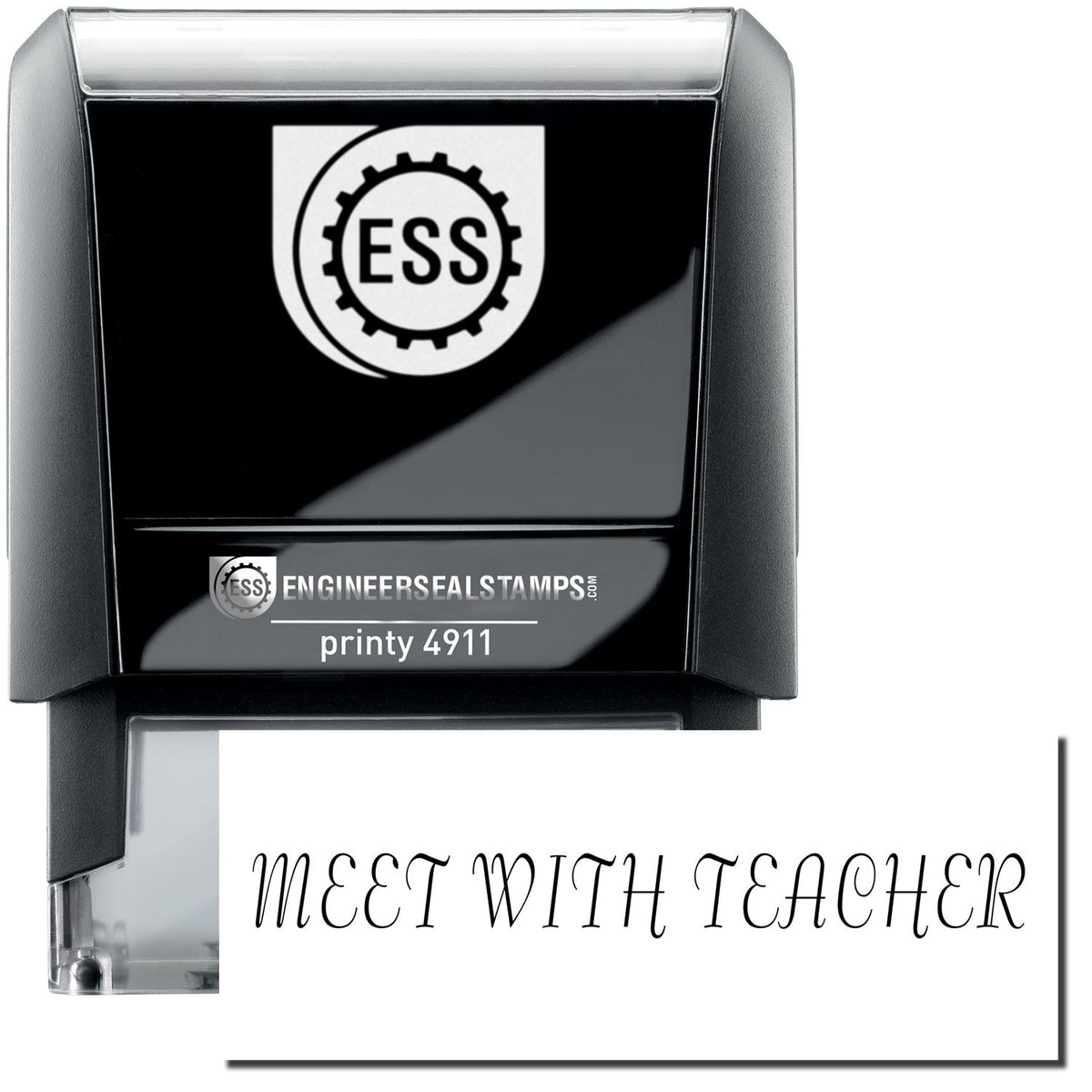 A self-inking stamp with a stamped image showing how the text &quot;MEET WITH TEACHER&quot; is displayed after stamping.