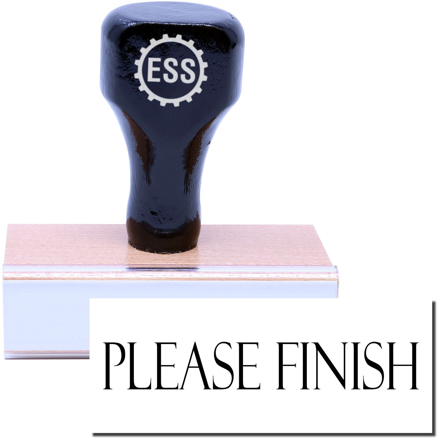 A stock office rubber stamp with a stamped image showing how the text "PLEASE FINISH" is displayed after stamping.