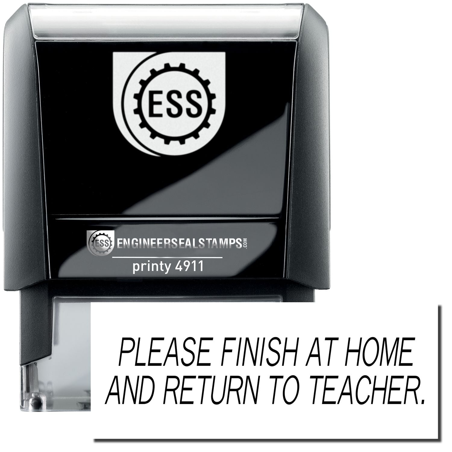 Self Inking Please Finish At Home Stamp with ESS logo, black casing, and clear base. Text reads PLEASE FINISH AT HOME AND RETURN TO TEACHER.