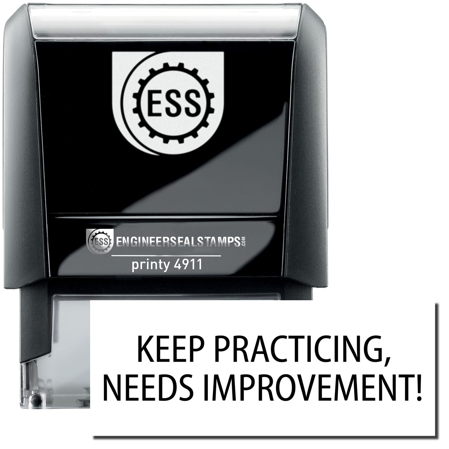 A self-inking stamp with a stamped image showing how the text "KEEP PRACTICING, NEEDS IMPROVEMENT!" is displayed after stamping.