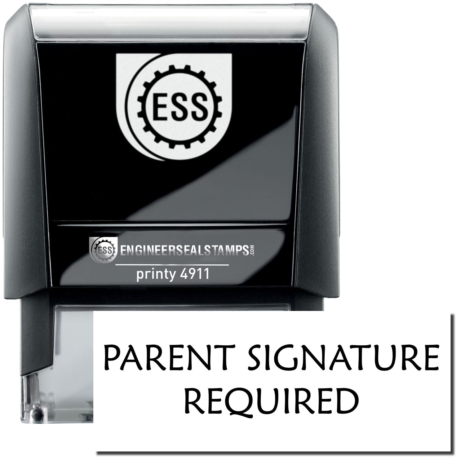 Self Inking Parent Signature Required Stamp with ESS logo, black casing, and clear base. Text PARENT SIGNATURE REQUIRED stamped below.