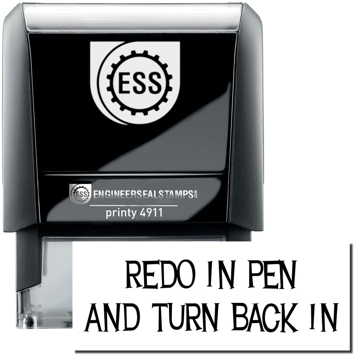 A self-inking stamp with a stamped image showing how the text &quot;REDO IN PEN AND TURN BACK IN&quot; is displayed after stamping.