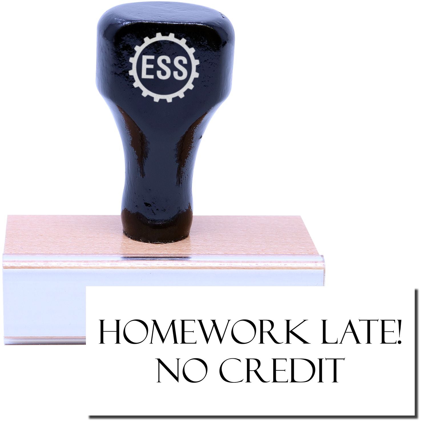 A stock office rubber stamp with a stamped image showing how the text HOMEWORK LATE! NO CREDIT is displayed after stamping.