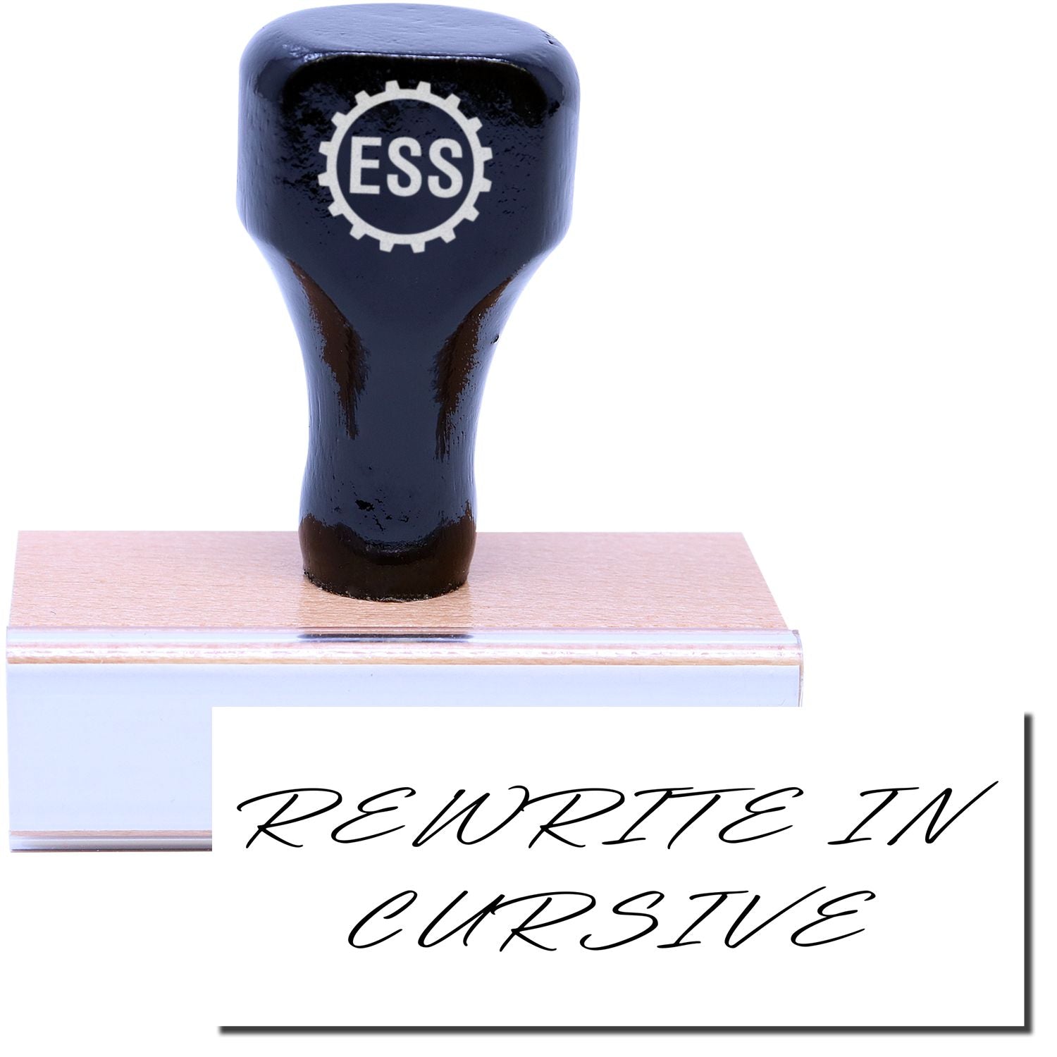 A stock office rubber stamp with a stamped image showing how the text "REWRITE IN CURSIVE" in a cursive font is displayed after stamping.