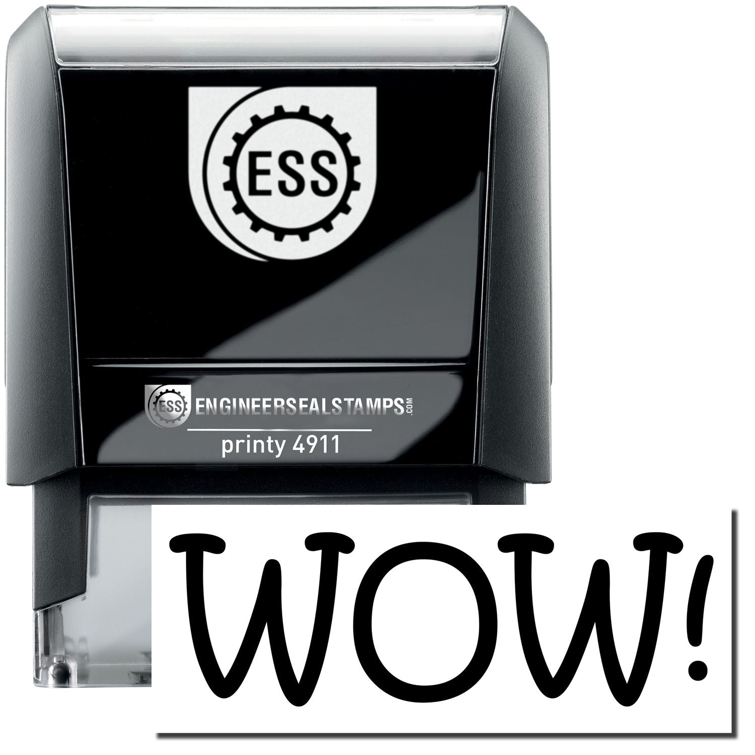 A self-inking stamp with a stamped image showing how the text "WOW!" is displayed after stamping.