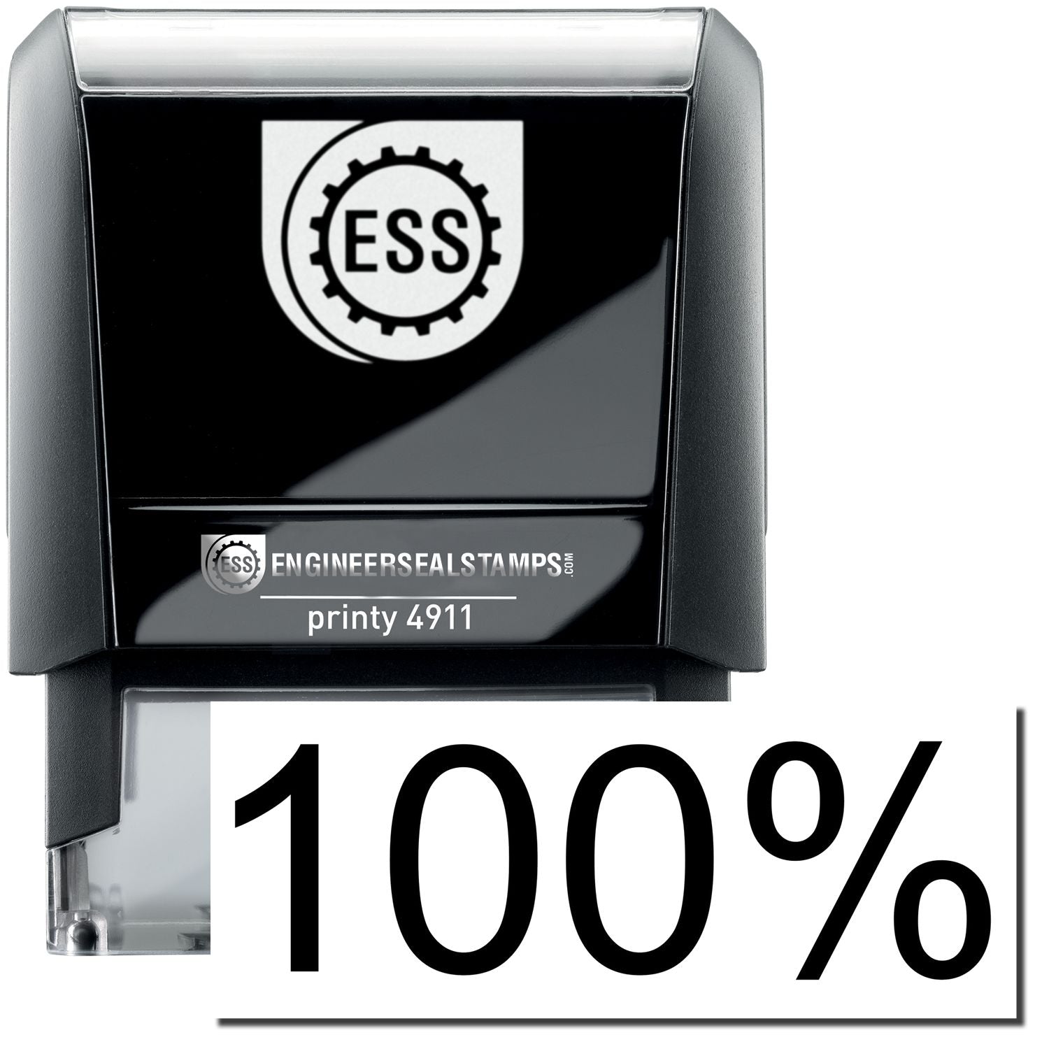 A self-inking stamp with a stamped image showing how the text "100%" is displayed after stamping.