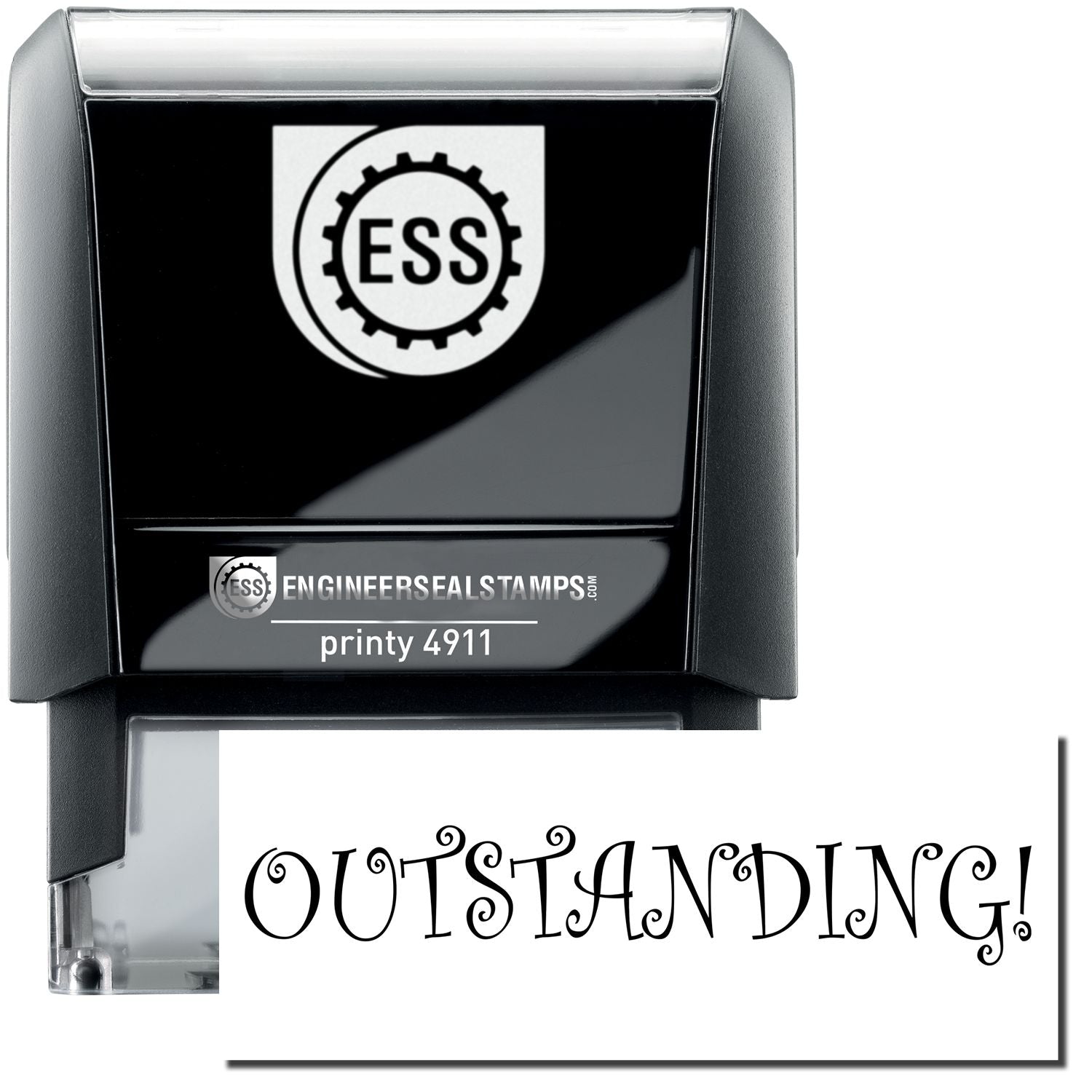 A self-inking stamp with a stamped image showing how the text "OUTSTANDING!" is displayed after stamping.