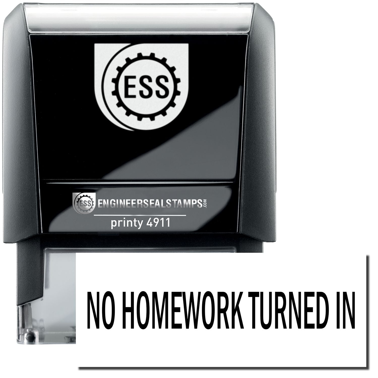 A self-inking stamp with a stamped image showing how the text "NO HOMEWORK TURNED IN" is displayed after stamping.
