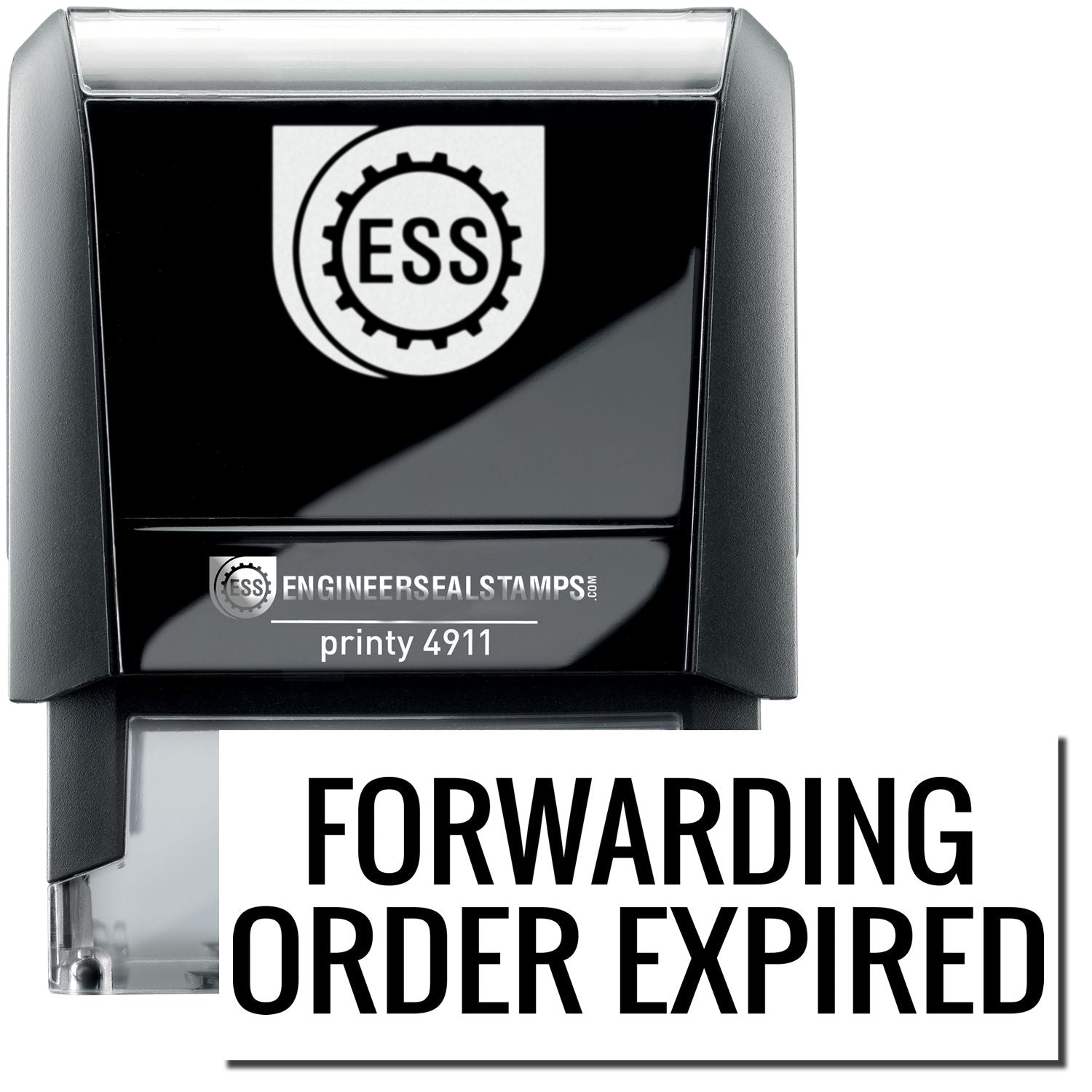 A self-inking stamp with a stamped image showing how the text "FORWARDING ORDER EXPIRED" is displayed after stamping.