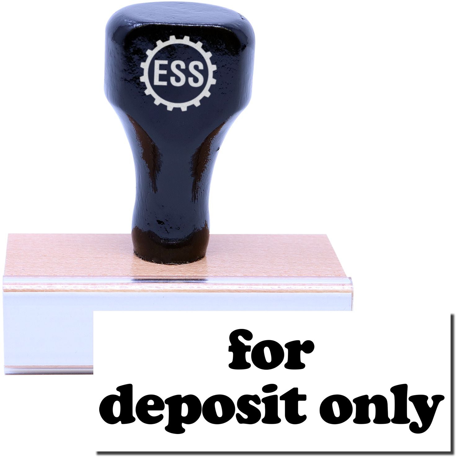 A stock office rubber stamp with a stamped image showing how the text "for deposit only" in lowercase letters is displayed after stamping.