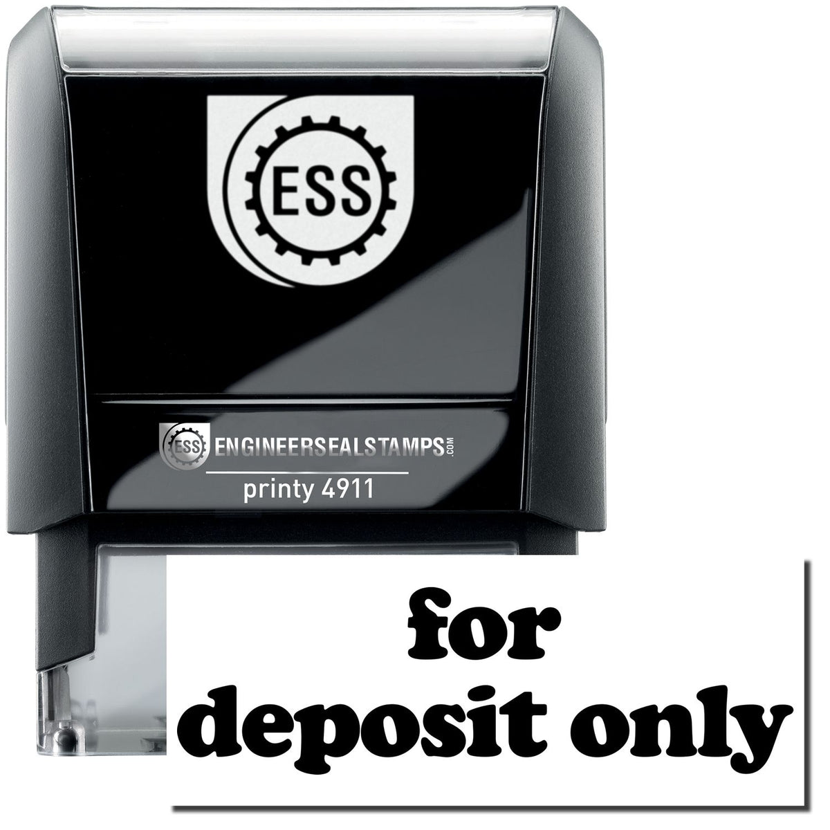 A self-inking stamp with a stamped image showing how the text &quot;for deposit only&quot; in lowercase letters is displayed after stamping.
