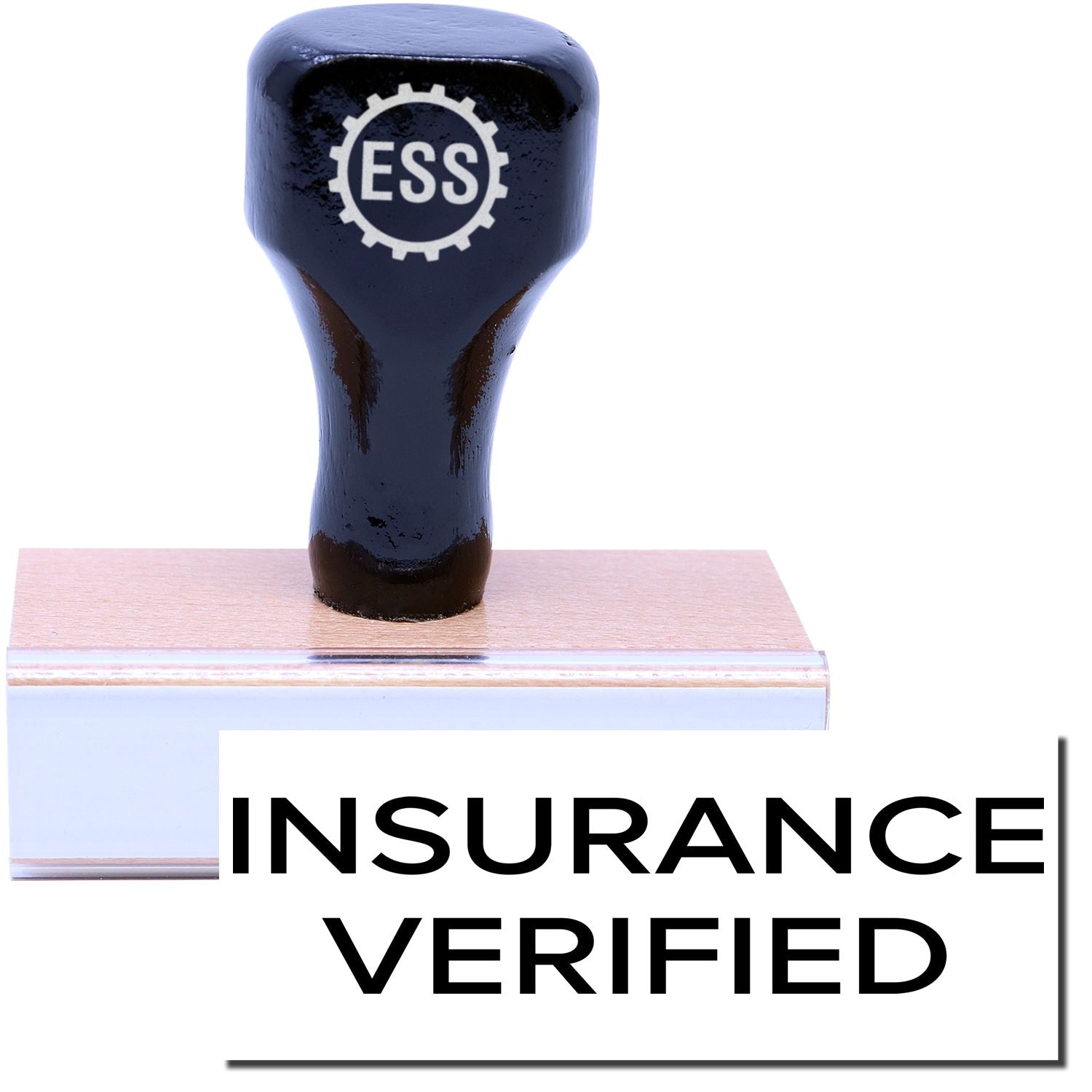 A stock office rubber stamp with a stamped image showing how the text "INSURANCE VERIFIED" in a narrow font is displayed after stamping.