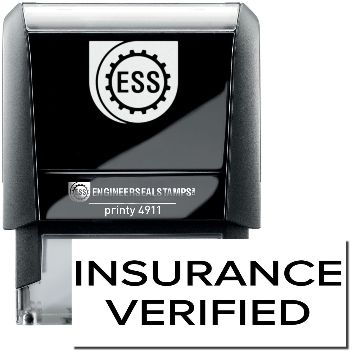 A self-inking stamp with a stamped image showing how the text &quot;INSURANCE VERIFIED&quot; in a narrow font is displayed after stamping.