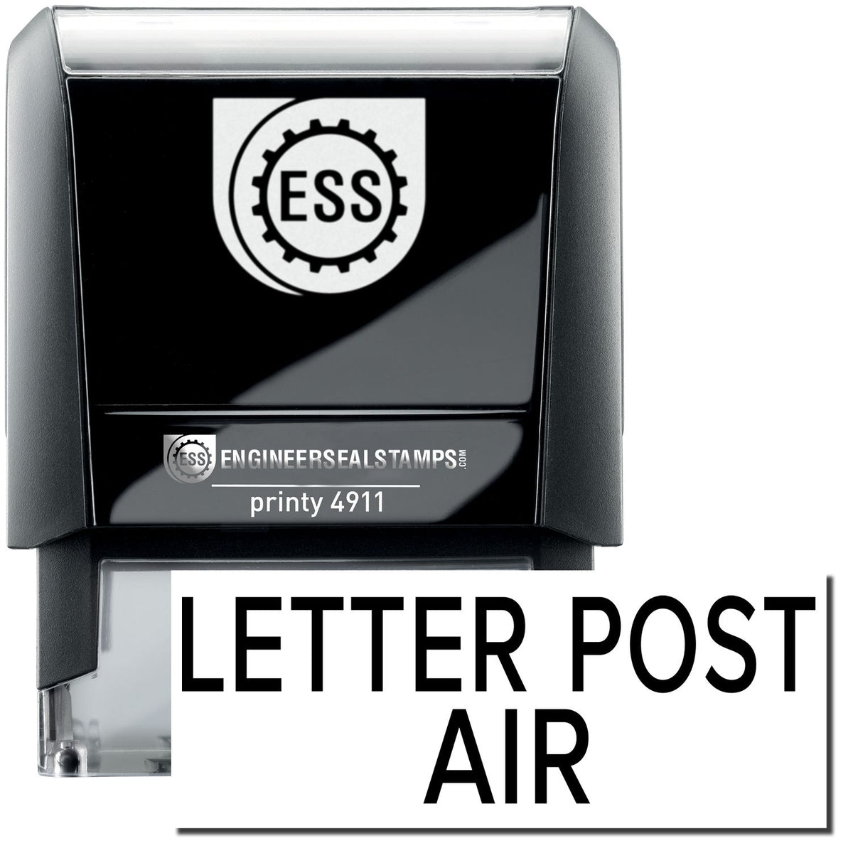 A self-inking stamp with a stamped image showing how the text &quot;LETTER POST AIR&quot; is displayed after stamping.