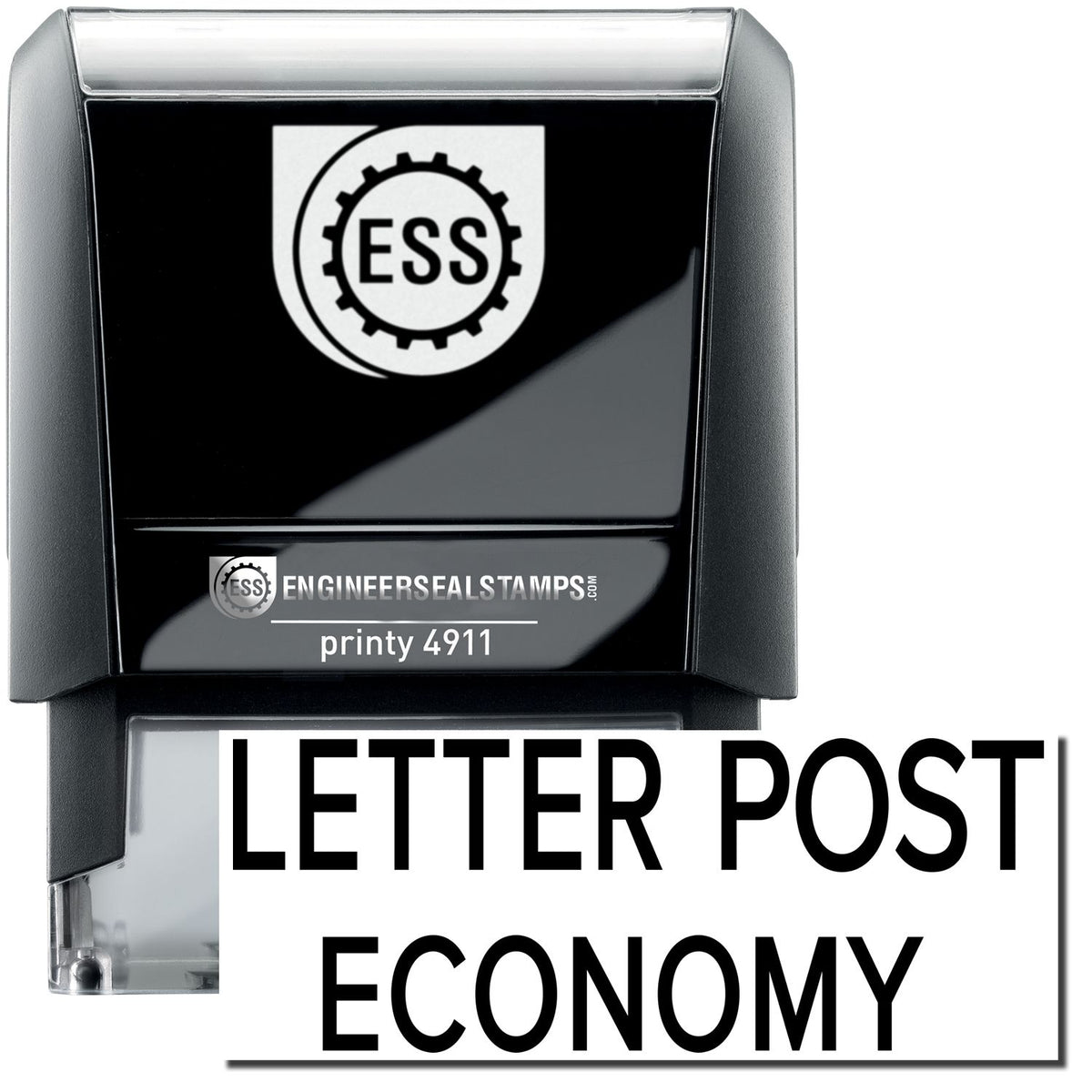 A self-inking stamp with a stamped image showing how the text &quot;LETTER POST ECONOMY&quot; is displayed after stamping.