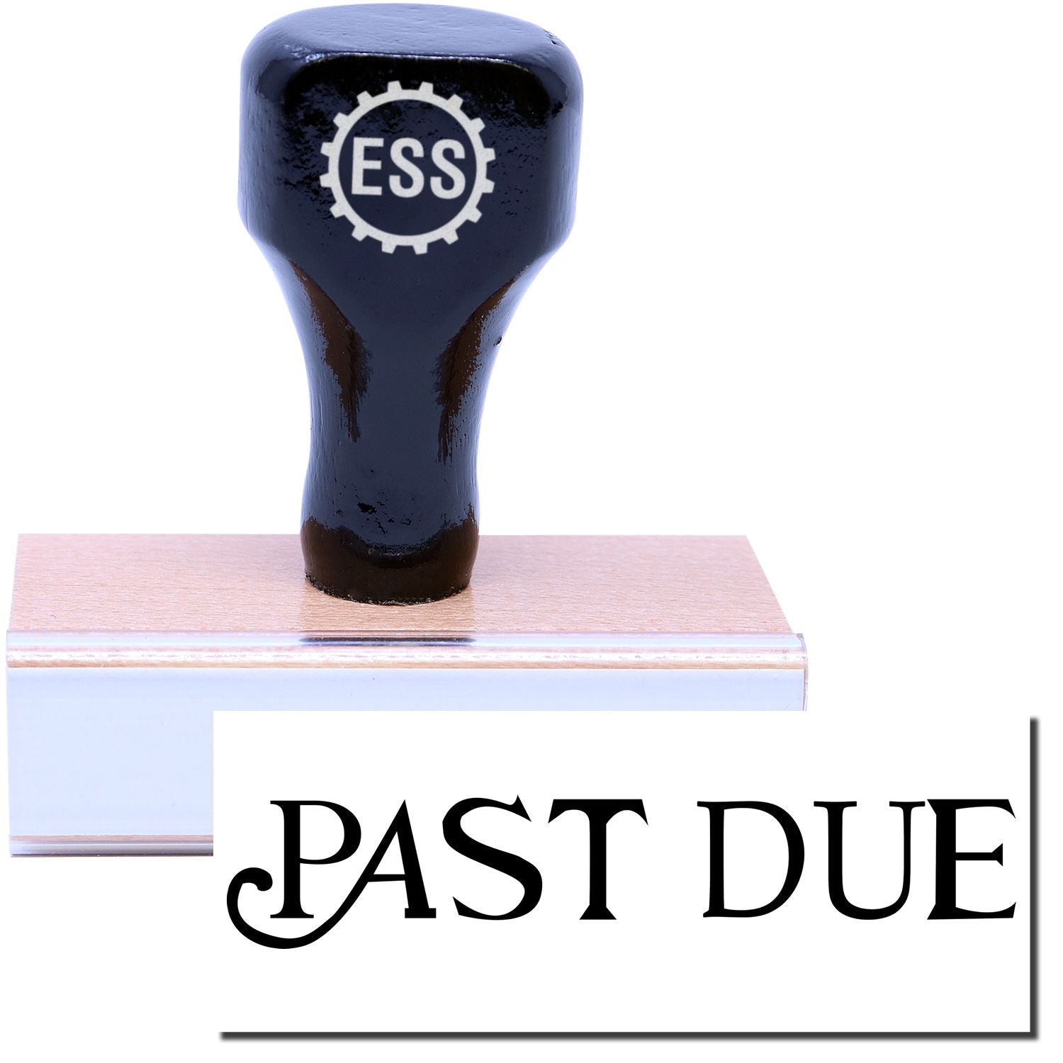 A stock office rubber stamp with a stamped image showing how the text PAST DUE in a curly font is displayed after stamping.