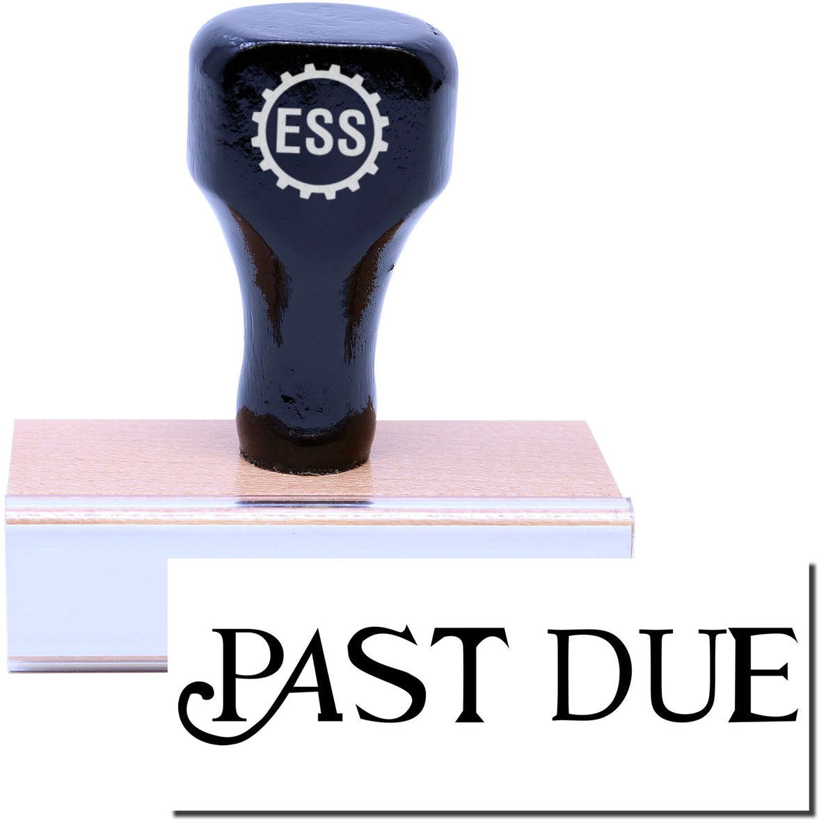 A stock office rubber stamp with a stamped image showing how the text &quot;PAST DUE&quot; in a curly font is displayed after stamping.