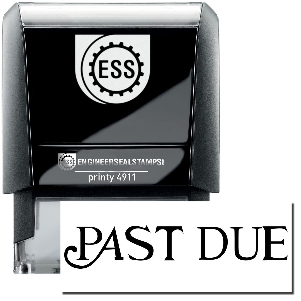 A self-inking stamp with a stamped image showing how the text &quot;PAST DUE&quot; in a curley font is displayed after stamping.