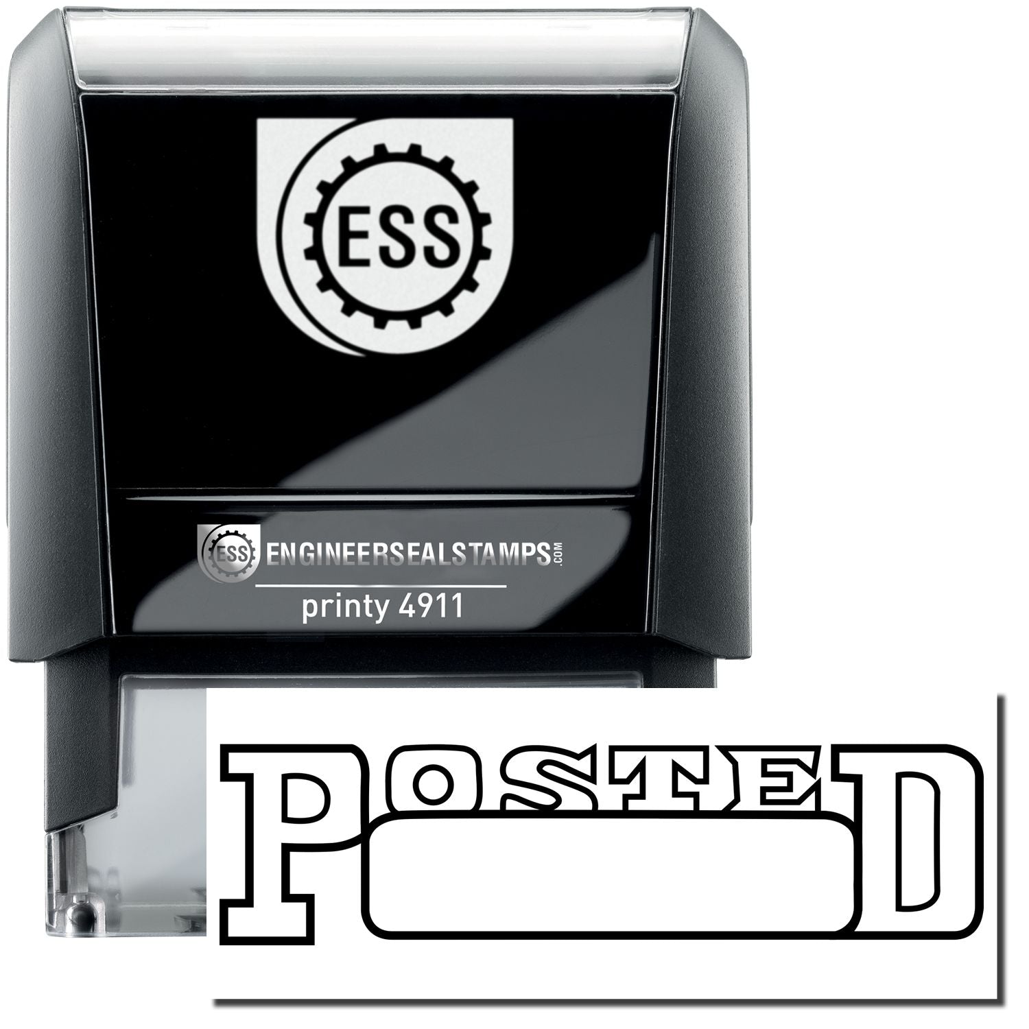 A self-inking stamp with a stamped image showing how the text "POSTED" with a date box under it is displayed after stamping.