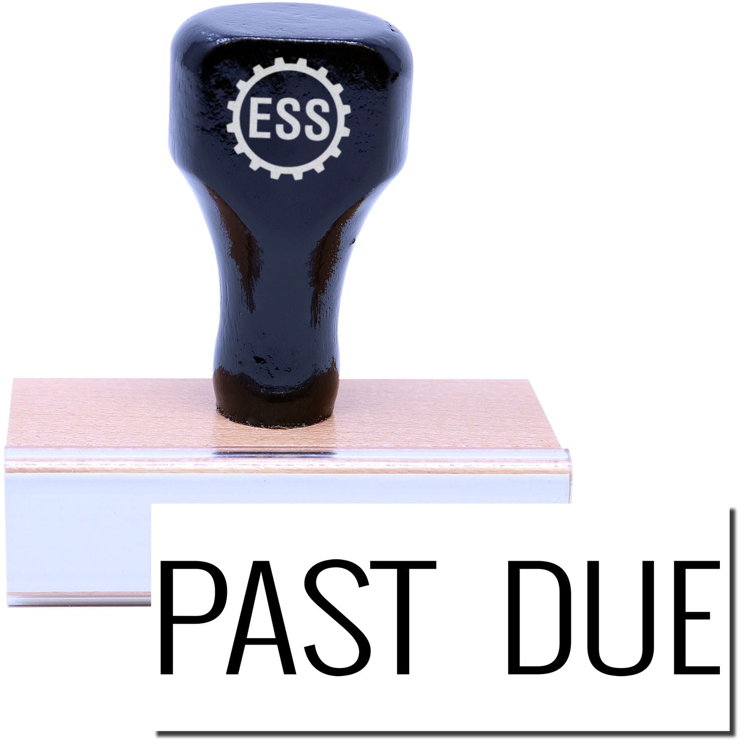 A stock office rubber stamp with a stamped image showing how the text "PAST DUE" in a narrow font is displayed after stamping.