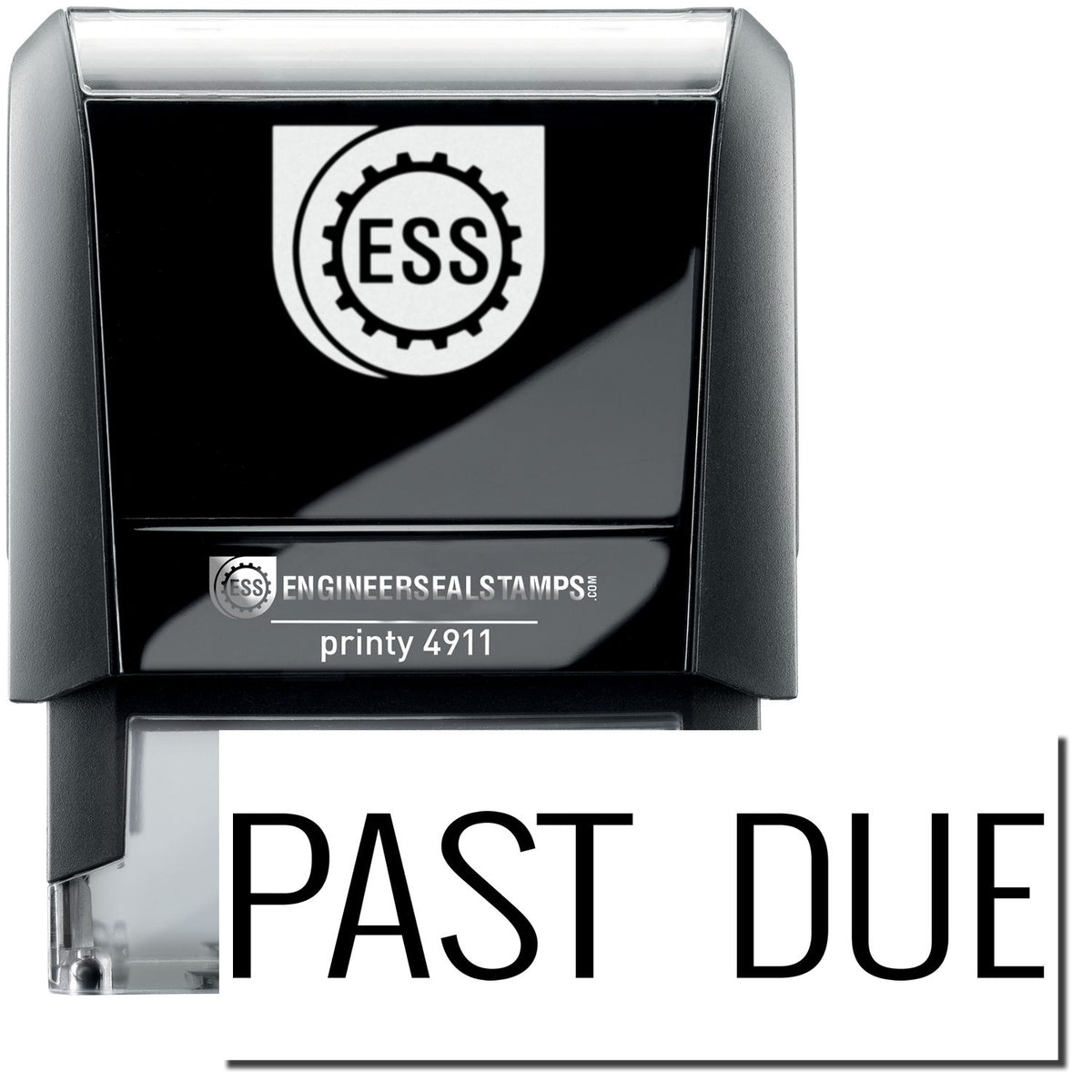 A self-inking stamp with a stamped image showing how the text &quot;PAST DUE&quot; in a narrow font is displayed after stamping.