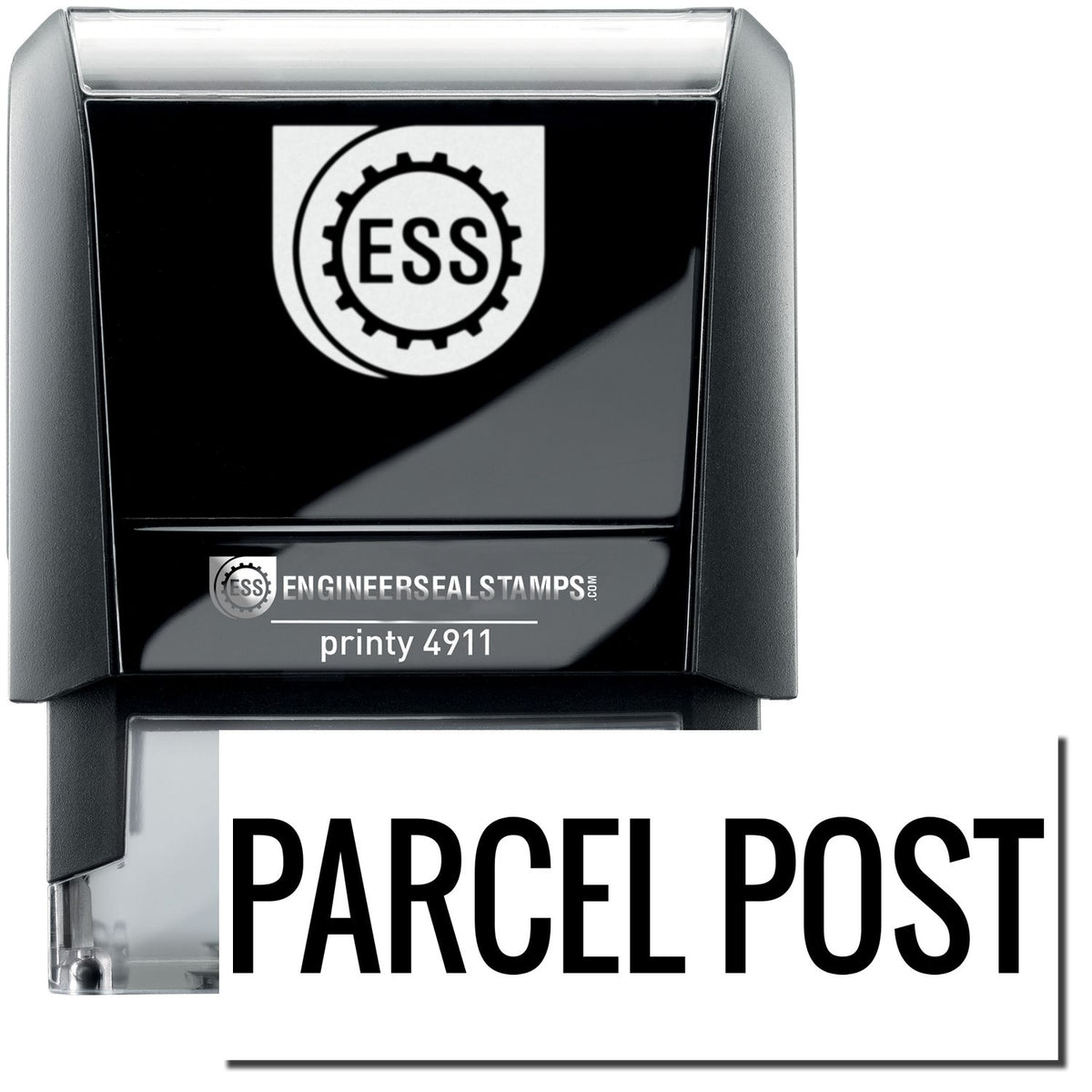 A self-inking stamp with a stamped image showing how the text &quot;PARCEL POST&quot; is displayed after stamping.