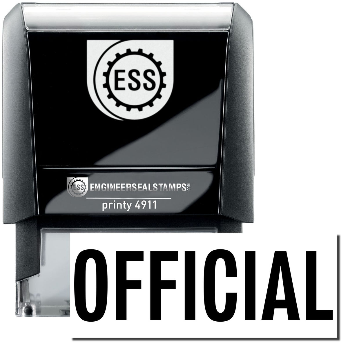 A self-inking stamp with a stamped image showing how the text &quot;OFFICIAL&quot; is displayed after stamping.