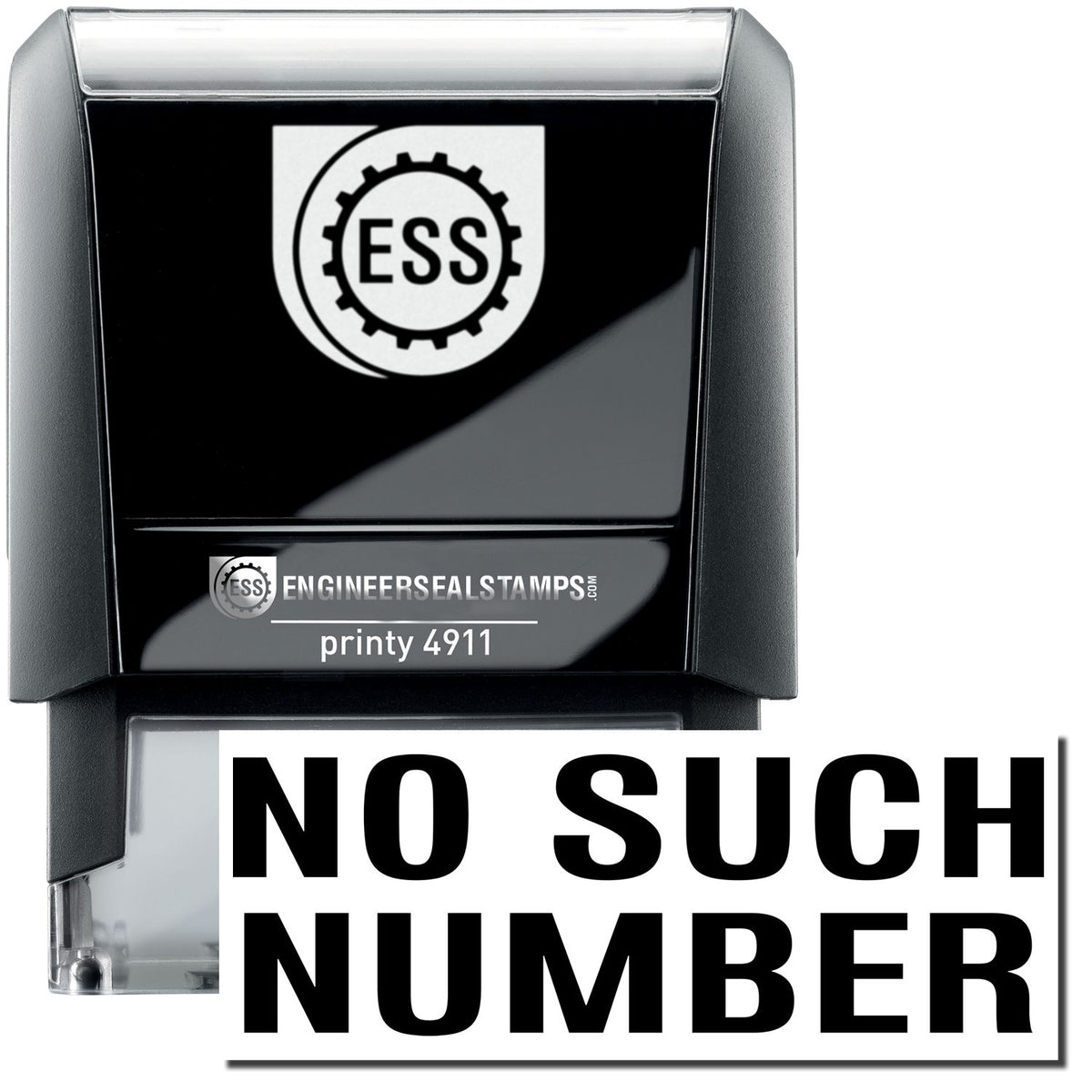 A self-inking stamp with a stamped image showing how the text &quot;NO SUCH NUMBER&quot; is displayed after stamping.