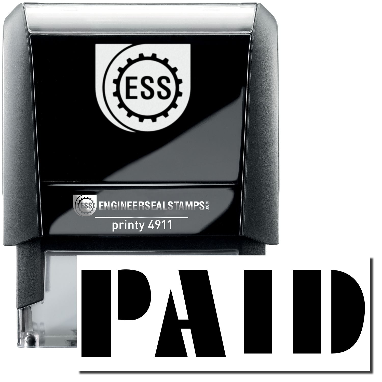 A self-inking stamp with a stamped image showing how the text PAID in bold font is displayed after stamping.