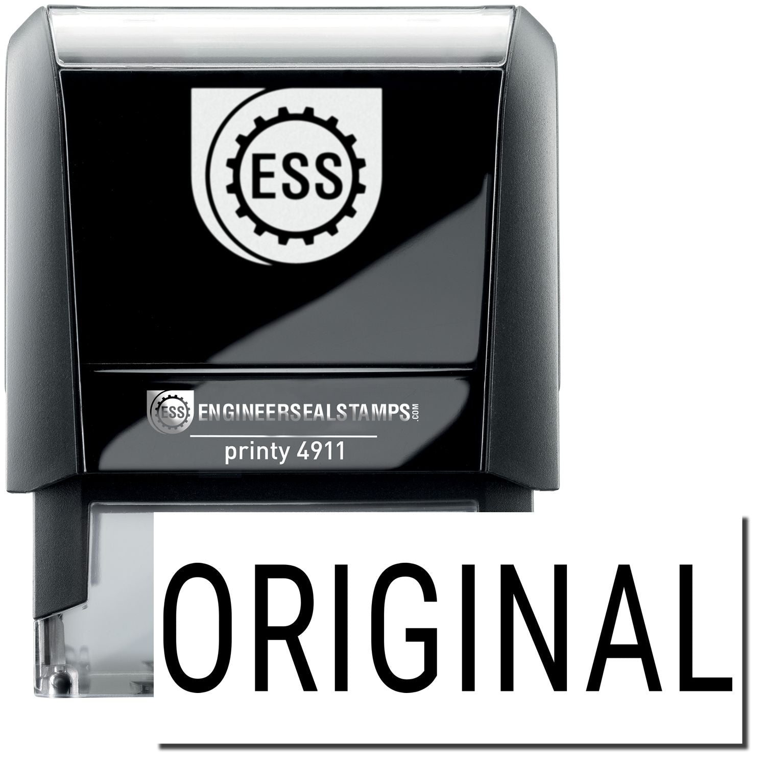 A self-inking stamp with a stamped image showing how the text "ORIGINAL" in a narrow font is displayed after stamping.