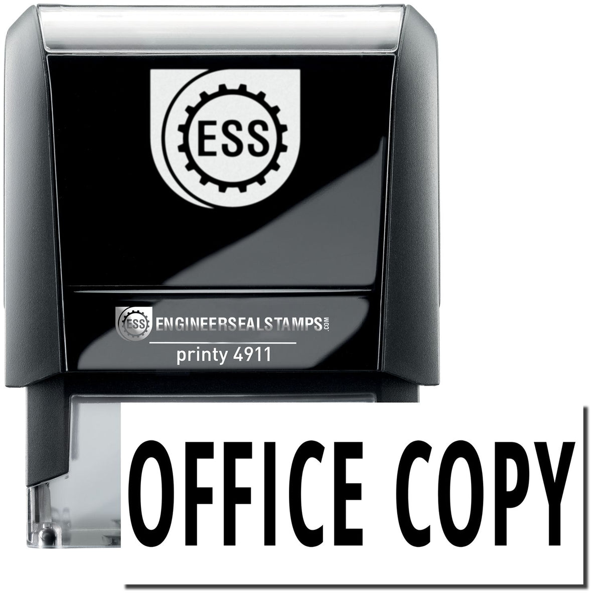 A self-inking stamp with a stamped image showing how the text &quot;OFFICE COPY&quot; is displayed after stamping.
