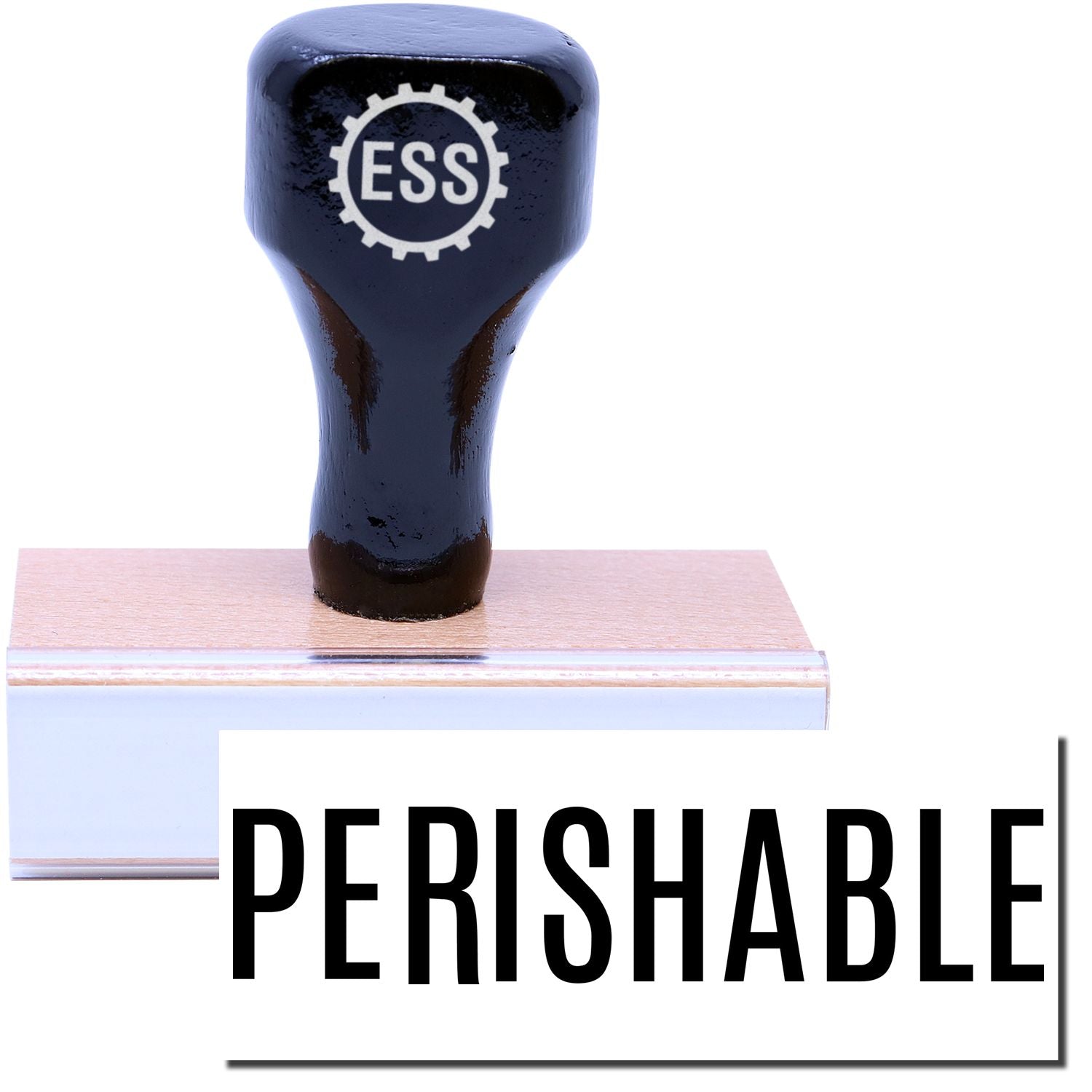 A stock office rubber stamp with a stamped image showing how the text "PERISHABLE" is displayed after stamping.