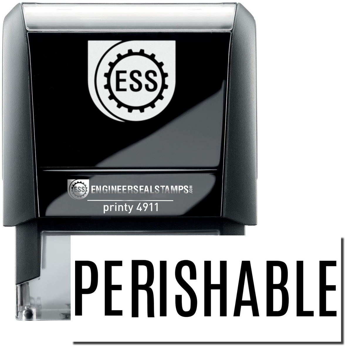 A self-inking stamp with a stamped image showing how the text &quot;PERISHABLE&quot; is displayed after stamping.
