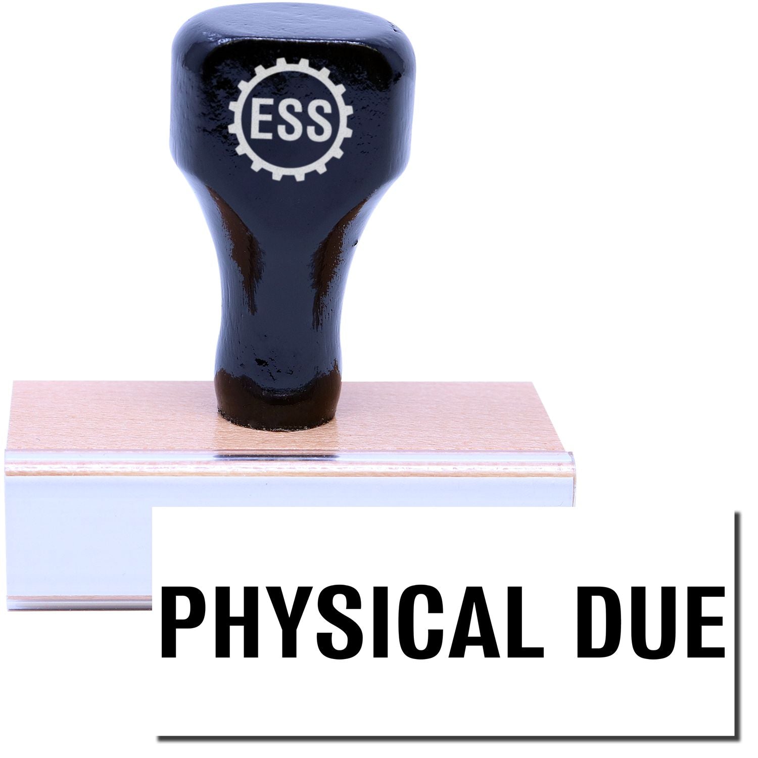 A stock office rubber stamp with a stamped image showing how the text "PHYSICAL DUE" in bold font is displayed after stamping.