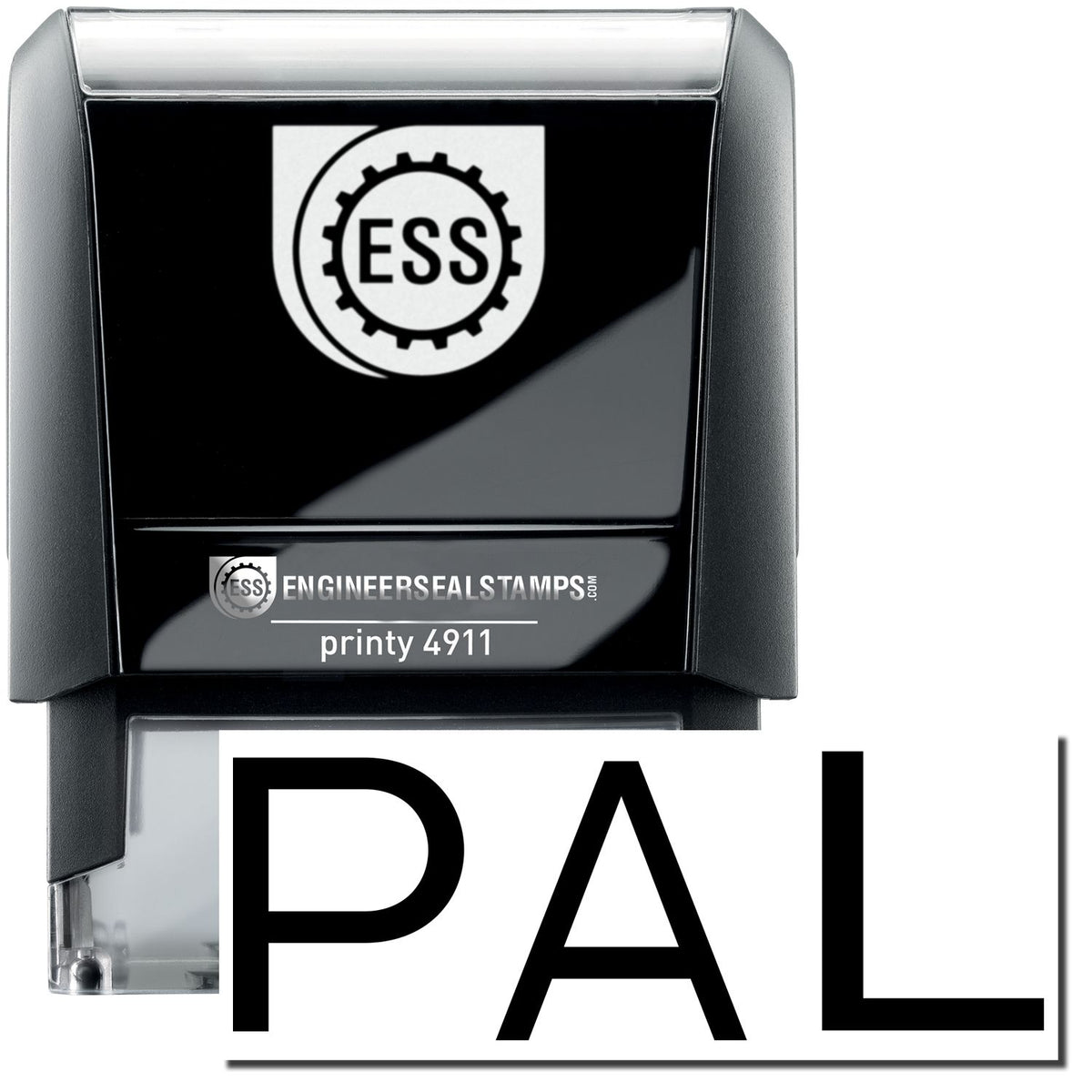 A self-inking stamp with a stamped image showing how the text &quot;PAL&quot; is displayed after stamping.