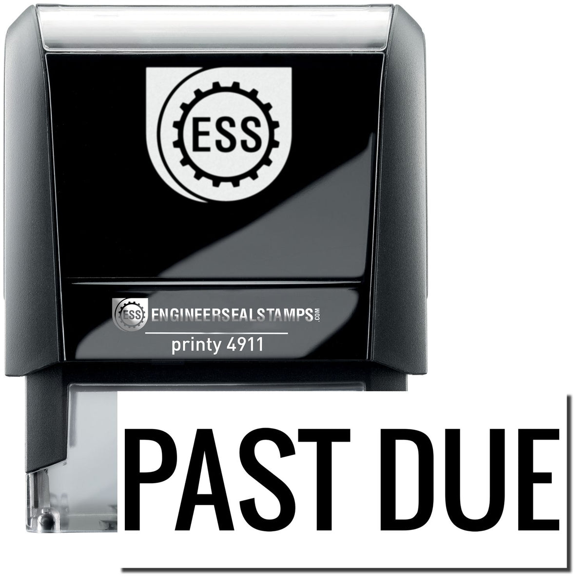 A self-inking stamp with a stamped image showing how the text &quot;PAST DUE&quot; in a narrow bold font is displayed after stamping.