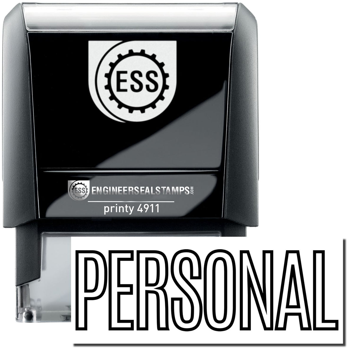 A self-inking stamp with a stamped image showing how the text &quot;PERSONAL&quot; in an outline style is displayed after stamping.