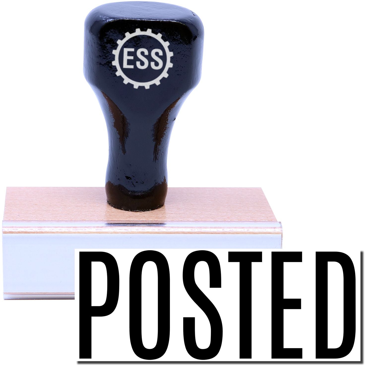 A stock office rubber stamp with a stamped image showing how the text "POSTED" in a narrow font is displayed after stamping.