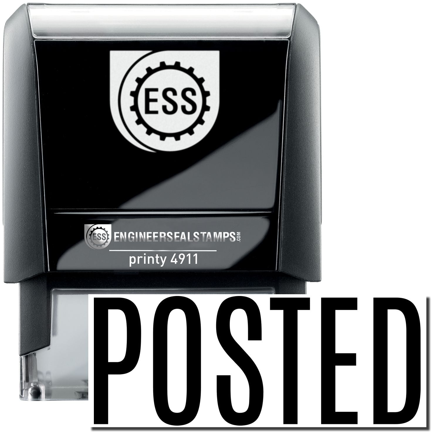 A self-inking stamp with a stamped image showing how the text "POSTED" in a narrow font is displayed after stamping.