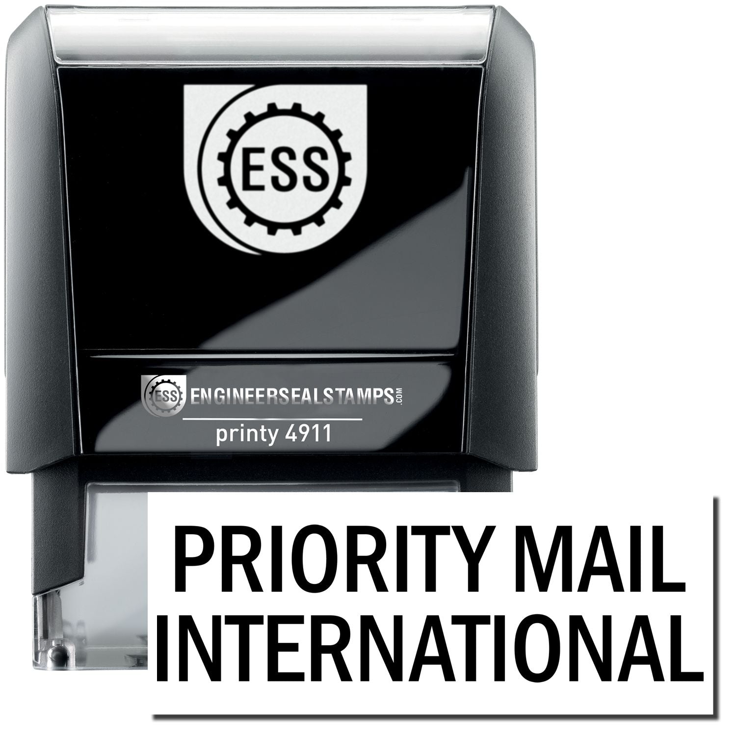 A self-inking stamp with a stamped image showing how the text "PRIORITY MAIL INTERNATIONAL" is displayed after stamping.