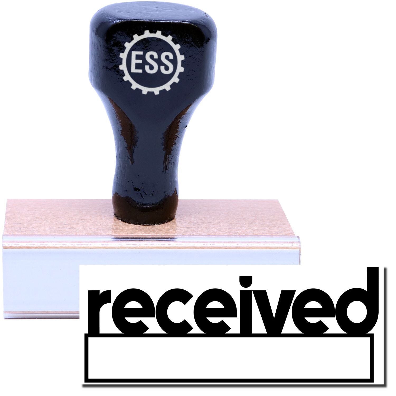 A stock office rubber stamp with a stamped image showing how the text "received" in lowercase letters with a date box underneath the text is displayed after stamping.